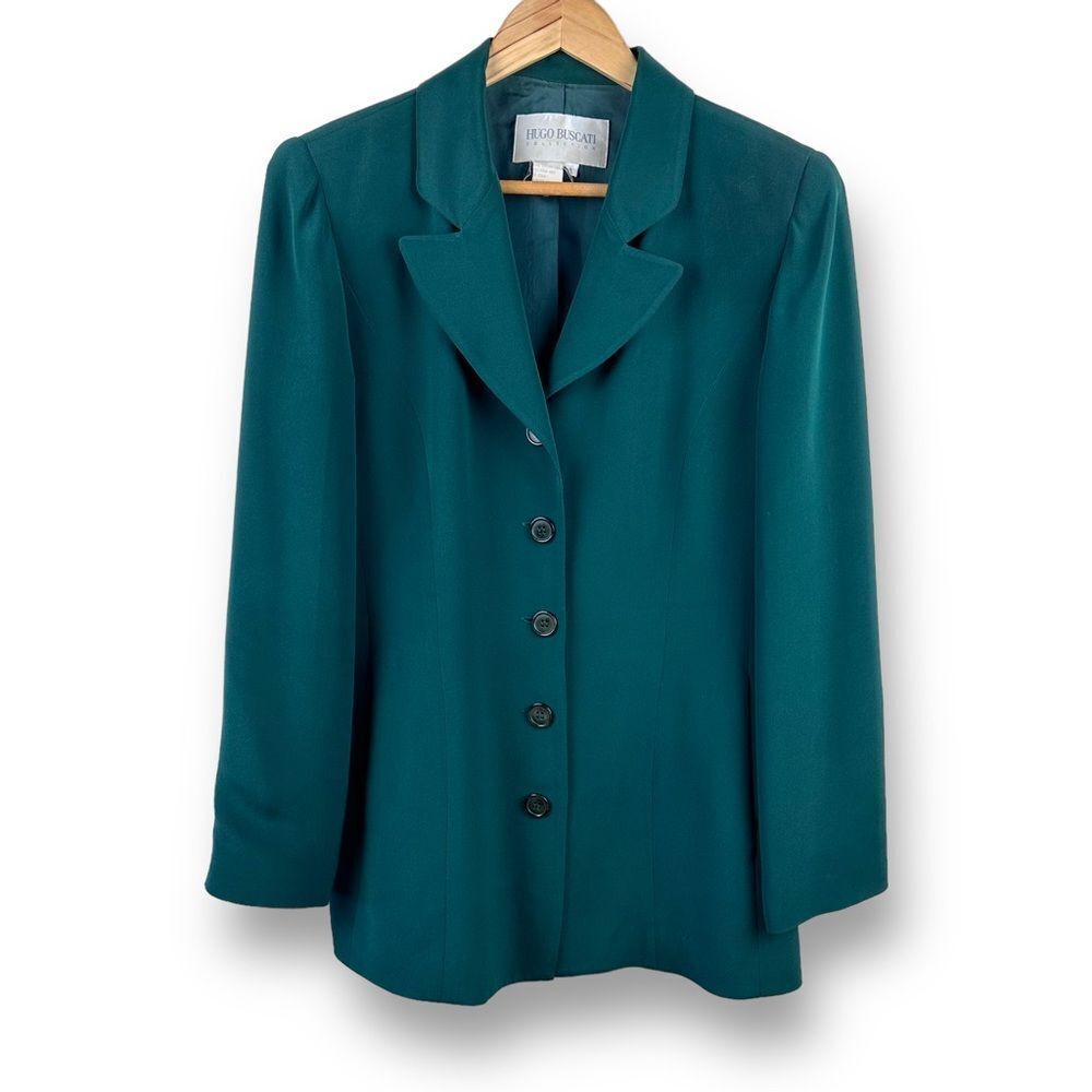Hugo Buscati Women's 8 Longline Silk Blazer‎ Jacket Teal Green Modern Officewear